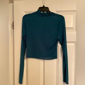 BKE Essentials sheer green mock turtle neck long sleeve burnout top, small